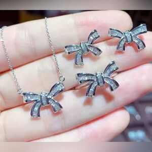 18K White Gold Baguette Diamond Bow Necklace Earrings Ring Coordinating Suit Set
